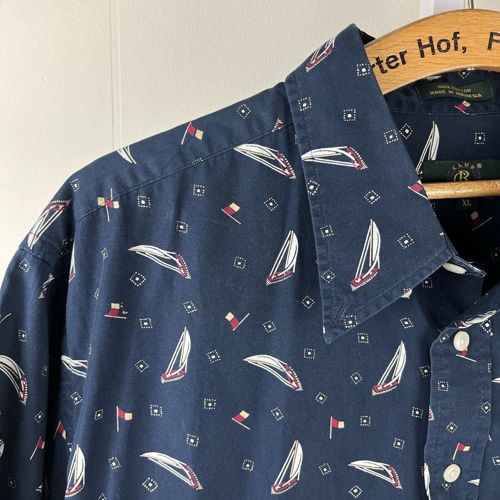Club Room Short Sleeve Shirt Mens XL Vintage Navy Blue Sailboat Nautical Print
